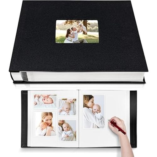 Large Photo Album Self Adhesive with Picture Display Window, DIY Scrapbook Album for 4x6 8x10 Pictures, 40 Pages Linen Cover Memory Book with Scraper and Metallic Pen(Black)
