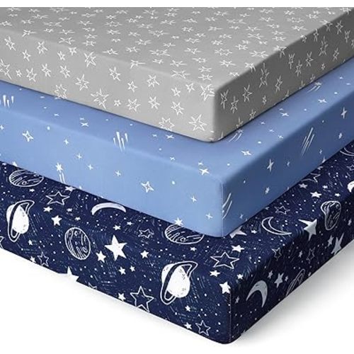 Pack and Play Sheets Fitted 3 Pack, Mini Crib Sheets for Pack N Play Mattress Stretchy Portable Playard Sheets, Soft Breathable Blue Gray Planet