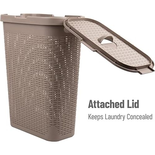 Mind Reader 40L Slim Laundry Hamper, Clothes Basket, Lid, Wicker Design, Plastic, 18"L x 10.4"W x 23.5"H, Tan