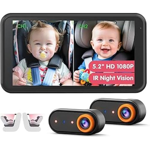 BM2 PRO Dual Baby Car Camera, 5.2" 1080P HD Display for Rear-Facing Car Seats, IR Night Vision, Anti-Shake Mount, Easy Install – Ideal for Parents with 2 Kids and Pets