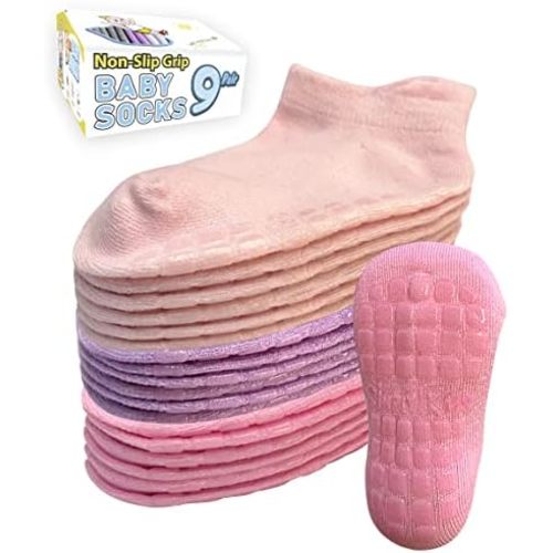 Simply Kids Baby Non-Slip Ankle Socks (9 Pairs) – Superior Grip, Soft Cotton, for Active Toddler Girls & Boys (Ages 0-7)