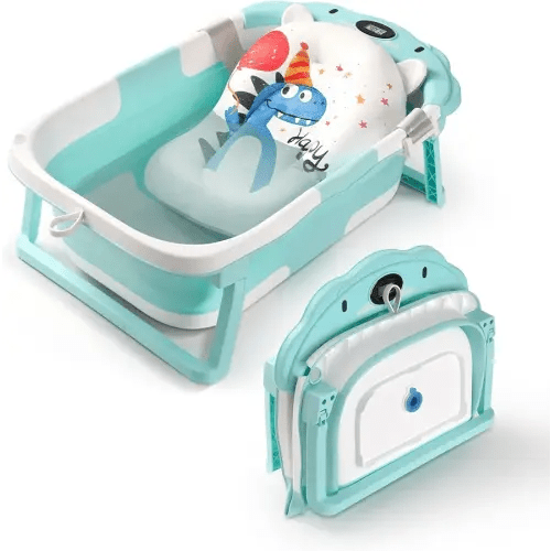 Baby Bathtub,Collapsible Baby Bath Tub with Thermometer & Soft Floating Cushion,Portable Travel Baby Bathtubs for Newborns to Toddlers 0-36 Months(Bear Green)