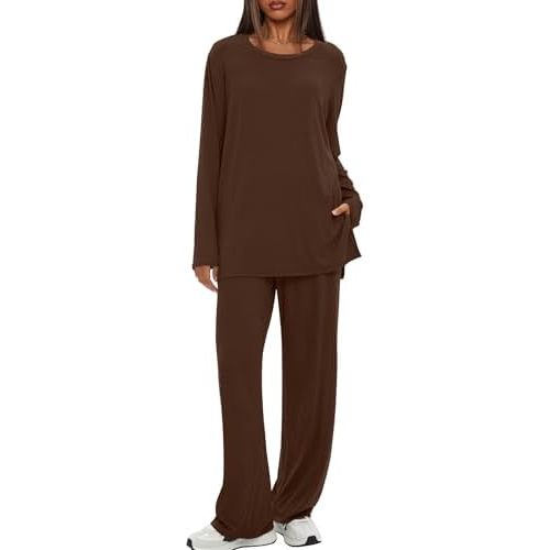 Darong Women's 2 Piece Lounge Set Casual Long Sleeve Crew Neck Tops Wide Leg Pants Travel Airport Outfit Matching Sets