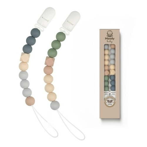 MOODYBABY® Pacifier Clips for Boys Girls Soother Chain Silicone Holder 2 Pack Set for Baby Unisex Neutral Newborn Dummies Baby Shower Gift (Blue Green)
