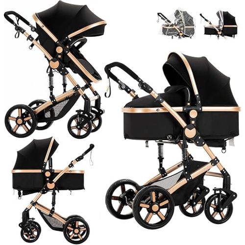2 in 1 Convertible Baby Stroller with Bassinet Mode, Reversible Infant Bassinet, One-Click Folding, Newborn Travel Stroller, Toddler Standard Pram Carriage (2US588-BG)
