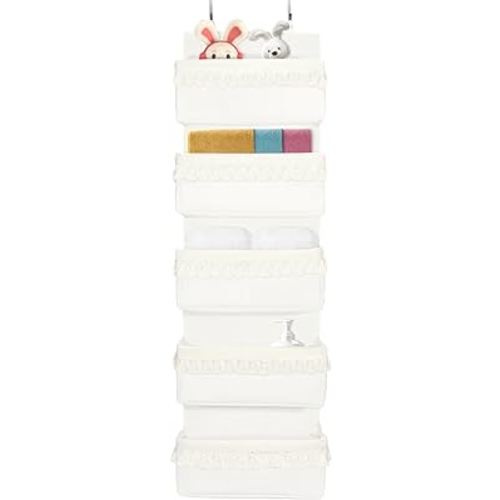 Over The Door Organizer, Boho Baby Nursery Decor Closet Hanging Diaper Organizer With Tassels Back Behind The Door Storage For Bathroom, Bedroom, Pantry, Dorm, Apartments (5 Pockets, White)