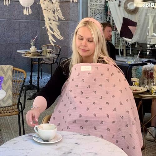 Nursing Cover for Baby Breastfeeding & Pumping | Multi Use Car Seat Stroller Cover | Breathable Soft Muslin Cotton | Breast Feeding Apron & Shawl by TISU (Dusty Pink Rainbow)
