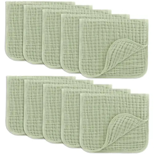 Comfy Cubs Muslin Burp Cloths 20" x 10", Pack of 10 - Large, 6-Layer, Ultra Absorbent 100% Cotton for Baby Drool and Messes - Soft, Safe & Gentle Baby Burp Cloths for Boys & Girls - Sage