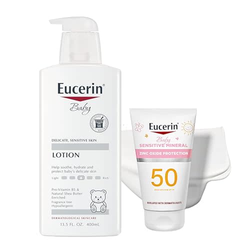 Eucerin Baby Skin Care Set, Sun Sensitive Mineral Baby Sunscreen Lotion SPF 50 with Zinc Oxide Protection, 4 Fl Oz Tube Baby Lotion, Unscented Baby Lotion, 13.5 Fl Oz Bottle