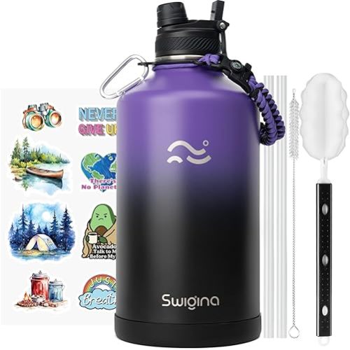 [2-IN-1 LID] Gallon Insulated Water Bottle with Silicone Boot (48hrs Cold/24hrs Hot) - DIY Stickers, Leakproof, BPA Free, 128 oz