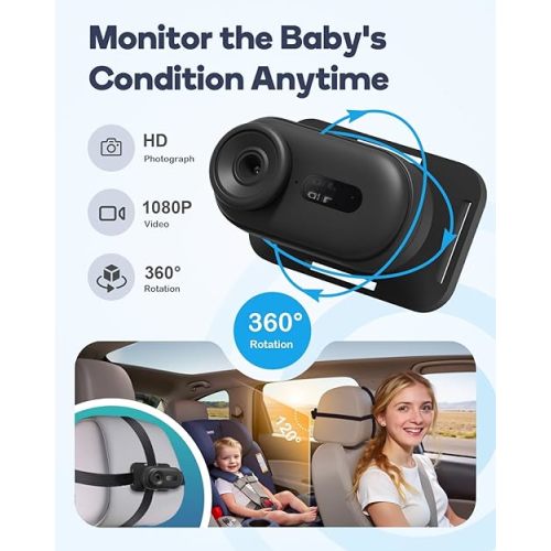 Wireless Baby Car Camera, HD 1080P Car Baby Monitor with Night Vision, Easy Install Backseat Camera for Kids, 360 Degree Rotatable Rear Facing Car Seat Mirror for Home, Baby, Pet