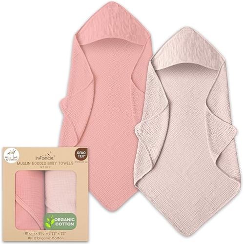 Organic Cotton Muslin Baby Hooded Towels - 32x32 Inch, 2 Pack Newborn Bath Towels for Boys & Girls, Soft & Absorbent Bath Set (Rose/Peach)