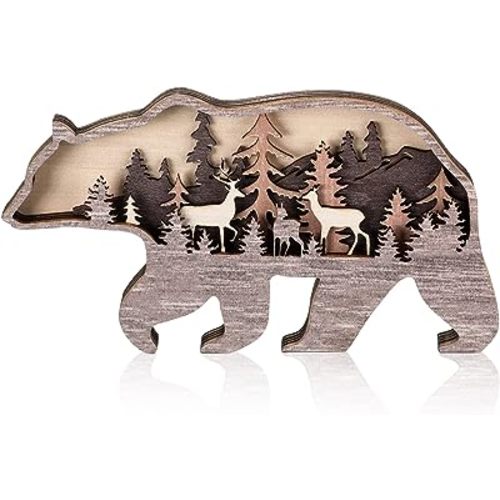 Honoson Forest Animal Rustic Wall Art Decor Wooden Farmhouse Wall Decoration Wooden Animal Decor Wood Forest and Mountain Ornaments for Cabin Bedroom Living Room Decor(Brown,Bear Style)