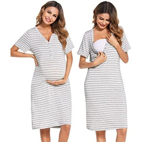 Ekouaer Nursing Nightgown Striped Women Short Sleeve Breastfeeding Sleep Dress Maternity Delivery/Labor Gown