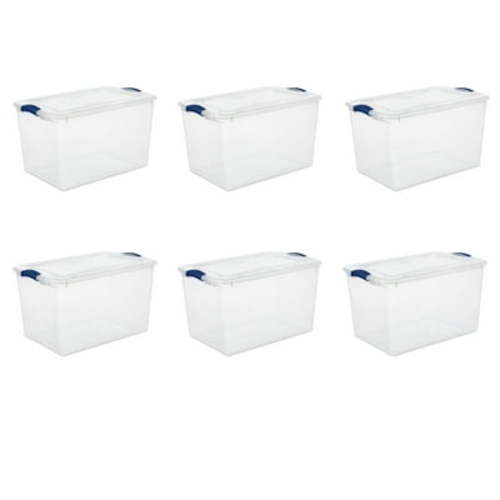 Sterilite Large Storage Bin, 66 Quart Clear Plastic Storage Container with Latch Lid, Blue, Pack of 6