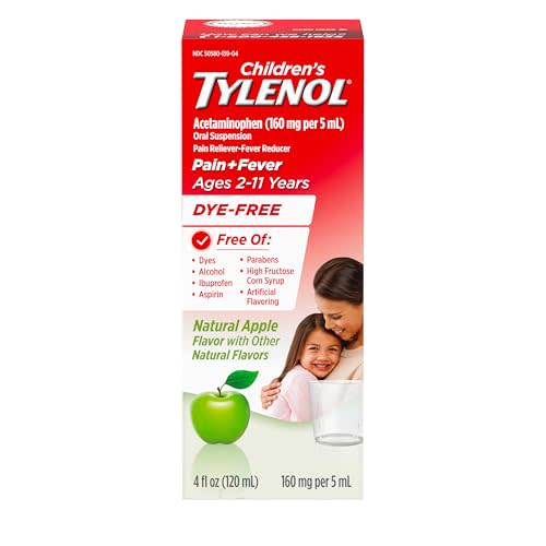 Children's Tylenol Liquid Pain Relief & Fever Medicine, Acetaminophen Oral Suspension, Free of Dyes, Aspirin, Ibuprofen, High Fructose Corn Syrup; Natural Apple Flavor, 4 fl. Oz