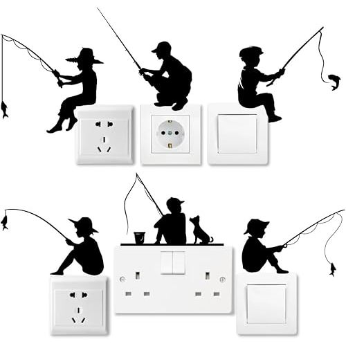 AHANDMAKER 6Pcs Fishing Silhouette Light Switch Stickers, Fishing Boy Wall Sticker Guy Fishing Switch Decals Wall Sticker for Light Switch, Outlets, Ledge, Vehicle and Home Decor