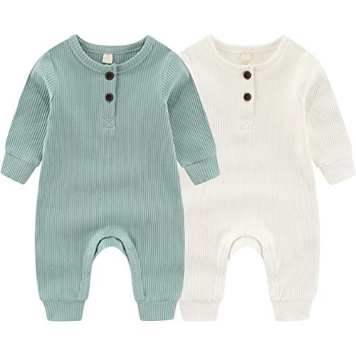 ZAV Solid Unisex Baby Boy Girl Rompers 2 Pack Long Sleeve Jumpsuits Infants Clothes Outfits