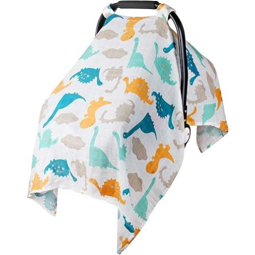 Muslin Baby Carseat Covers for Boy Girl, Metplus Lightweight Infant Car Seat Canopy, Breathable Carrier/Stroller Cover Newborn Gift, Fit Summer Spring Autumn, Large Size 47.2 x 35.4 inch, Dinosaur