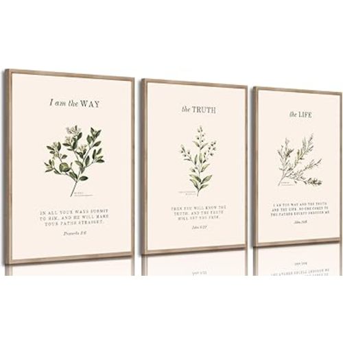 3Pcs Christian Bible Wall art Religious Psalm Verse Painting Picture Wall Decor Matthew Green Plant Floral Poster Print Artwork for Bedroom Living Room Study Home Decoration