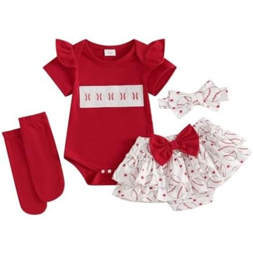 Newborn Baby Girl Baseball Outfit Short Sleeve Romper Ruffle Skirt Shorts Set Socks Hairband Summer Clothes