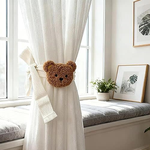 2 Pack Cartoon Bears Curtain Tiebacks, Cute Cartoon Animal Curtain Holdbacks for Safari Nursery & Jungle Theme Rooms, Embroidered Decor for Baby's Bedroom, Kids Room Accessories (Brown)
