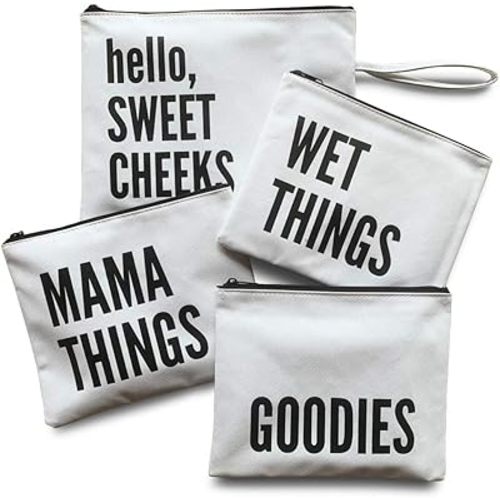 Lucky Love Diaper Bag Organizing Pouches | Set of 4 Including Diaper Clutch | Dry Wet Bag (White & Black)