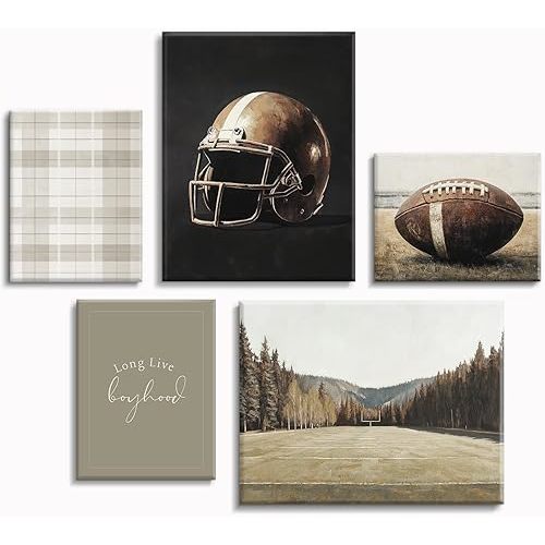 Football Nursery Wall Art Vintage Sports Canvas Wall Decor Boys Room Poster Rugby Football Sport Prints Sage Green Nursery Pictures Vintage Artwork for Boys Bedroom 8x10 Inch Wrapped Canvas Set of 5