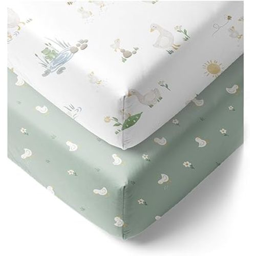 Living Textiles 100% Organic Cot Sheet Fitted 2 Pack -70x135cm, Premium Fabric for Baby's Best Comfort, Super Soft Baby for Crib Bed,Cot,Travel,Moisture Resistant(Goosey Goosey)