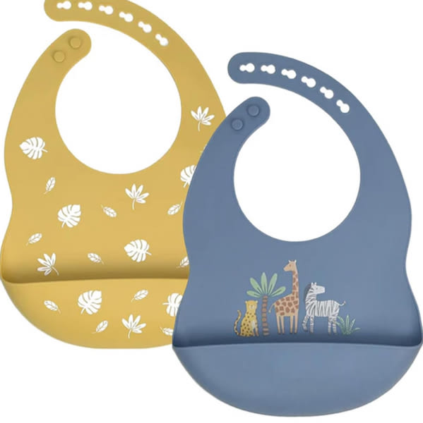 Little Rawr Baby Silicone Bibs 2 Sets Baby Bibs with Food Catcher for Girls Boys Toddlers BPA Free Adjustable Neck Band Waterproof Soft Durable (Blue-Yellow)