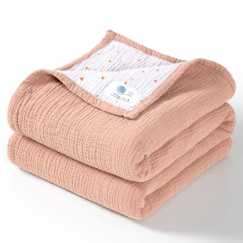 Lulu moon Muslin Baby Blanket - Cotton Quilt Blankets for Toddlers - Reversible Nursery Crib Blanket for Baby Boys and Girls 47"x47"(Peach Pink)