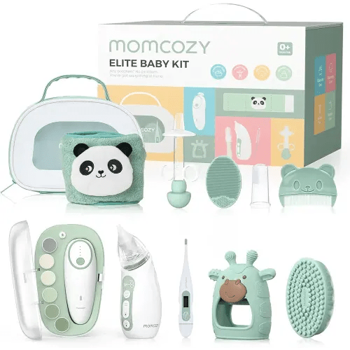 Momcozy Elite Baby Kit, Superior Baby Shower & Registry Essential Kit for Grooming & Health & Cleansing Care, Electric Nail File & Nasal Aspirator,Tummy Wrap,Thermometer,Bath Brush,Teether,Storage Bag