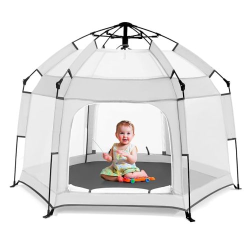 Baby Playpen with Canopy, Hexagon Toddler Beach Tent(Grey)