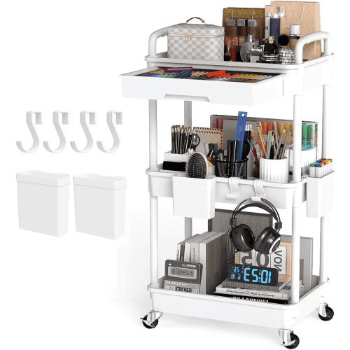 LLMRR 3 Tier Rolling Utility Cart with Drawer, Cart with Drawer & Handle, Bathroom Cart Organizer, Rolling Storage Cart with Drawer, Rolling Cart with Lockable Wheels for Kitchen, Office, White