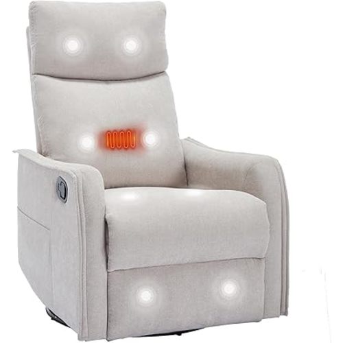 PELUMY Heat Massage Recliner Chair with Rocker and Swivel - Manual Recliner, Lumbar Heat, 8 Vibration Points, Fabric for Living Room, Bedroom(Beige)