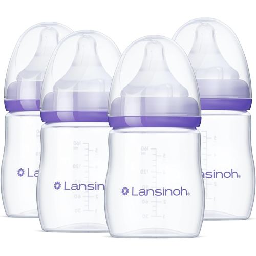 Lansinoh Anti-Colic Baby Bottles for Breastfeeding Babies, 5 Ounces, 4 Count, Includes 4 Extra Slow Flow Nipples, Size XS