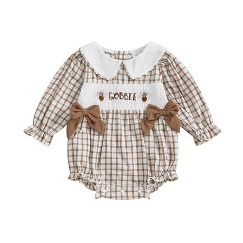 MoZiKQin Baby Girl Thanksgiving Outfit Turkey Bubble Romper Long Sleeve Doll Collar Plaid Jumpsuit Boutique Fall Clothes