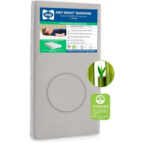 Sealy Baby Airy Night Breathable Hypoallergenic 2-Stage Dual Firm Crib Mattress, 2-Sided Mesh and Antibacterial Baby Crib Mattress & Toddler Bed Mattress, Sustainable, Certified, Made in USA, 52"X28"