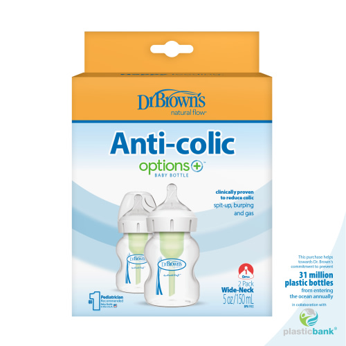 Dr. Brown's 5oz Anti-Colic Wide-Neck Baby Bottle, Level 1 Nipple, 2-Pack, for 0m+ with Natural Flow Options