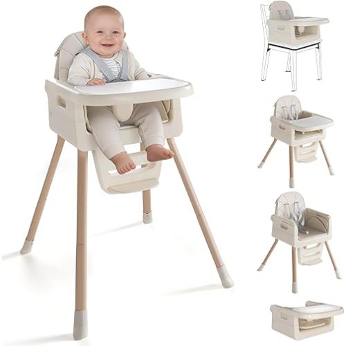 Baby High Chair for 6 Months+, Foldable High Chairs for Babies and Toddlers, Convertible Toddler Chair, Adjustable Tray & Footrest, Lightweight, Stable & Easy to Clean(White with Wood Grain)