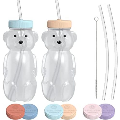 Honey Bear Straw Cup for Babies, 8oz Honey Bear Cup with Travel Lid, 2-Pack Therapy Learning Honeybear Straw Cup, Baby Honey Bear Bottle Set, Creamsicle & Blizzard