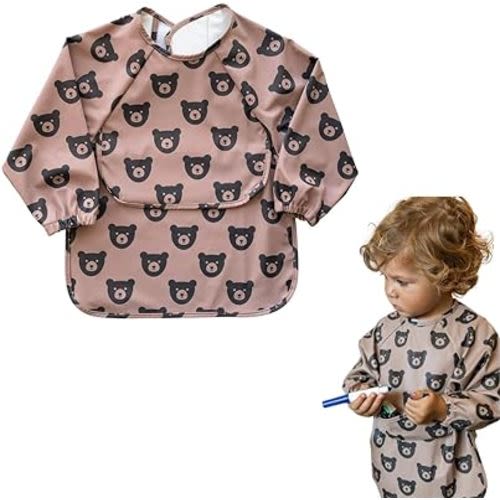Zoe & Co Baby Bibs for Eating w/Pocket | Premium Soft Waterproof Bibs | Cute Toddler Bibs 6-36mo | Hang Dry Long Sleeve Bib (brown bears)