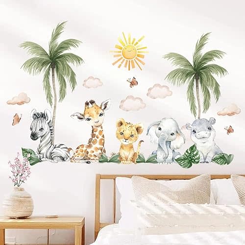 Cartoon Jungle Animals Wall Stickers for Kids Room Bedroom Wall Decor Cute Lion Elephant Giraffe Wall Decals Kinndergaten Baby Nursery Room Wallpaper Wall Art, 228msticker, BR0228M