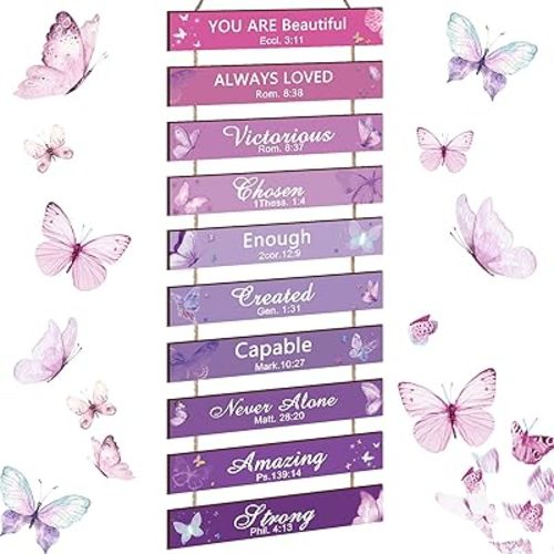 PerKoop 10 Pcs Purple Butterfly Wall Decor Religious Aesthetic Room Decor Purple Butterfly Wood Wall Art Positive Saying You Are Beautiful wood Plaques for Women Gift Bedroom Nursery Door