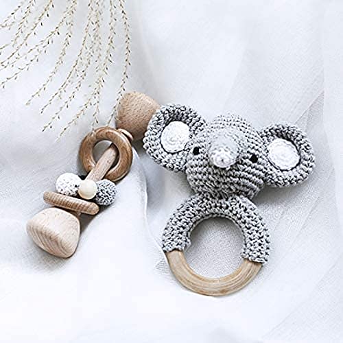 Wooden Baby Rattle Crochet Elephant and Wooden Rattle Baby Toys Set Handmade Newborn Toy Early Development Grips Stuffed Animal Organic Rattle (Elephant Set)