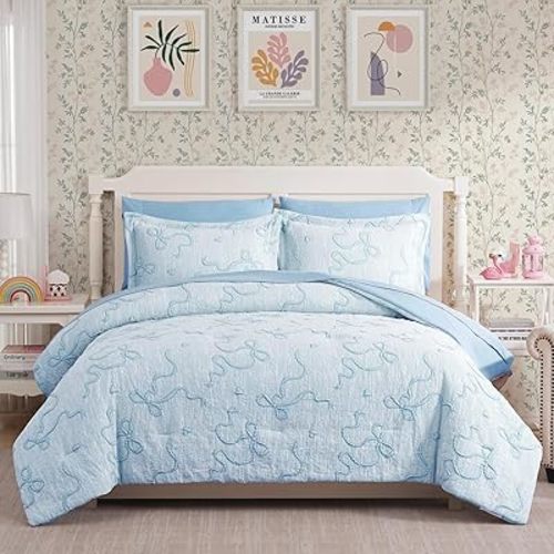 Geniospin Light Blue Full Comforter Set for Girls- 7 Pieces Bowknot Jacquard Bed in A Bag Twin Bedding Sets with Sheets, Pillowcases & Shams, All Season Kids Comforter Set