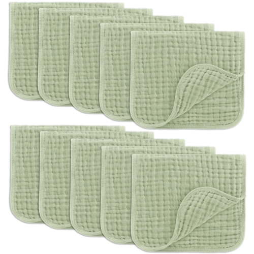 Comfy Cubs Muslin Burp Cloths - Large 100% Cotton Washcloths, 6 Layers (Sage, 10-Pack, 20"X10")