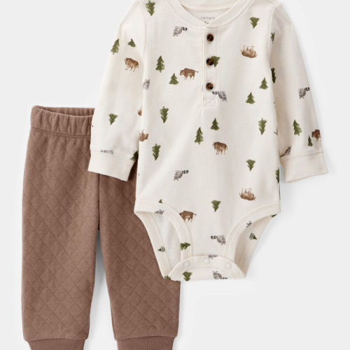 Ivory/Brown Baby 2-Piece Woodland Print Long-Sleeve Bodysuit & Quilted Pant Set | Carter’s Oshkosh Canada