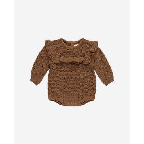 Long Sleeve Pointelle Ruffle Romper || Cinnamon