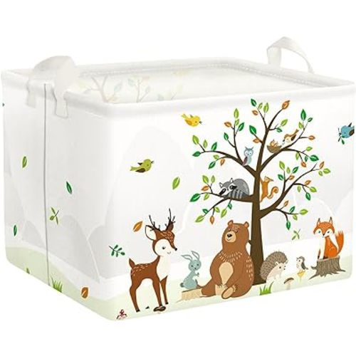 Clastyle Woodland Animals Bear Fox Raccoon Tree Baby Gift Storage Basket Large Deer Owl Collapsible Rectangular Shelf Basket Cute Clothes Towel Toy Book Storage Bin for Nursery
